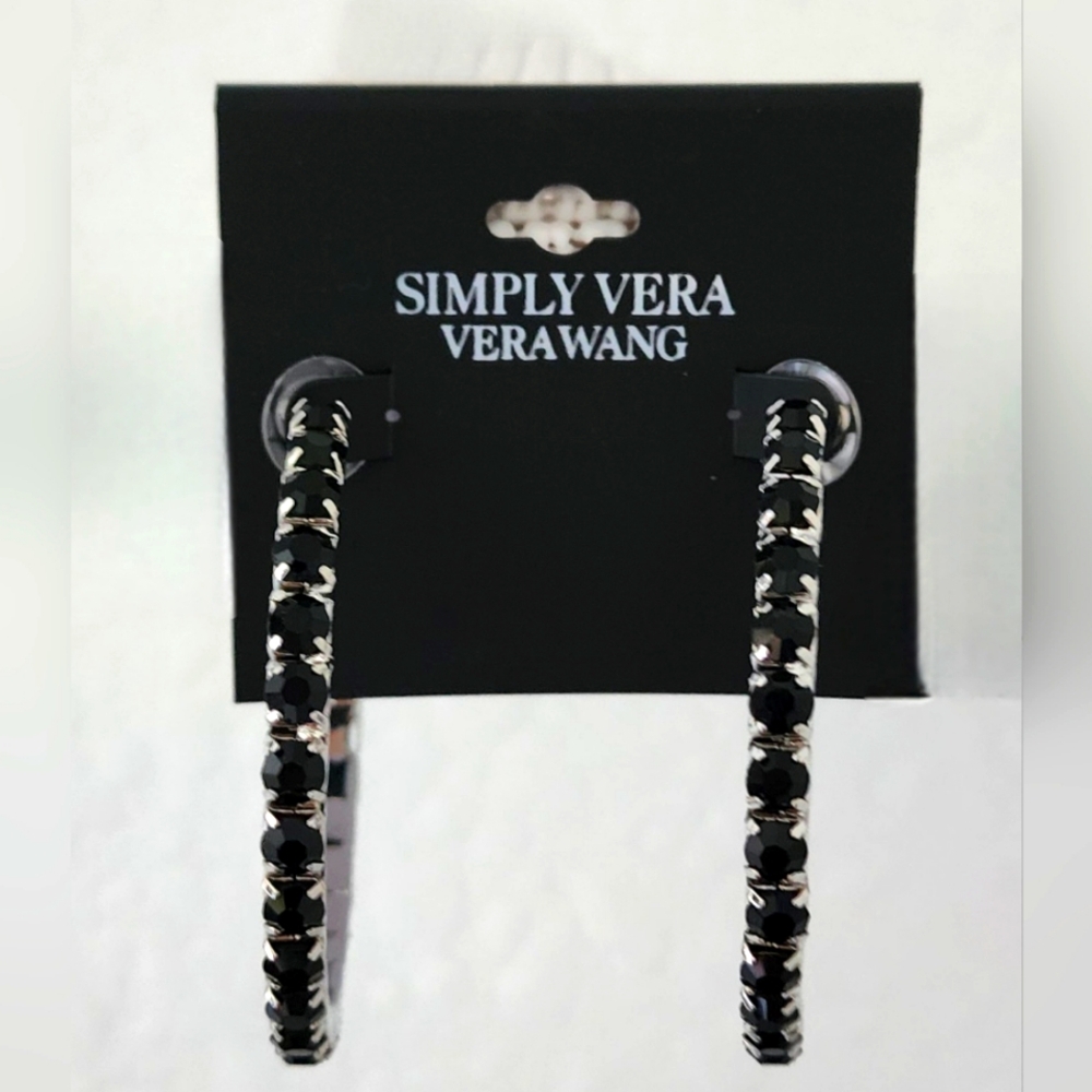 Simply Vera Vera Wang Women's Large Silver & Black Crystal C-Hoop Earrings.